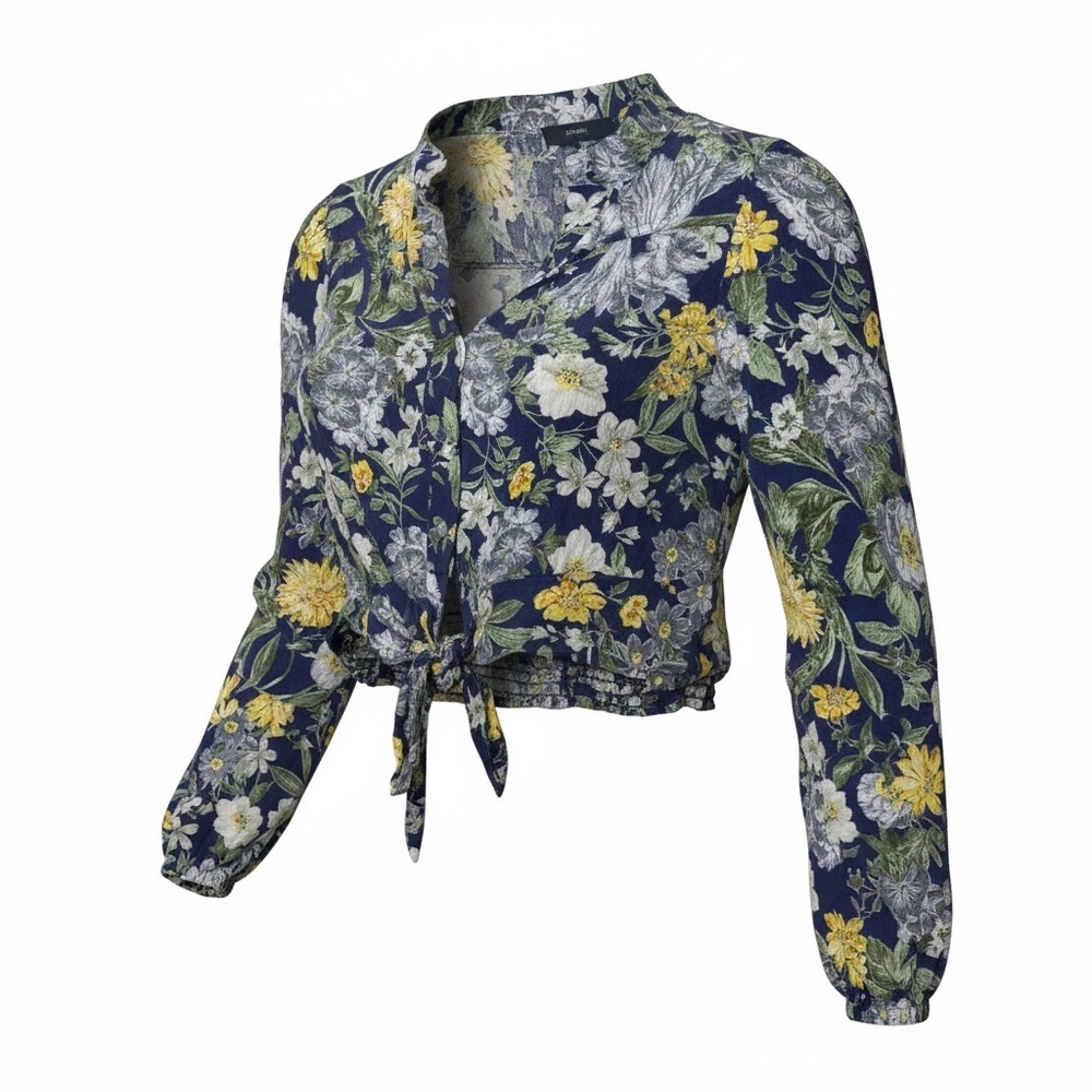 RACHEL Rachel Roy Navy Floral Tie-Front Blouse with Yellow and White Flowers